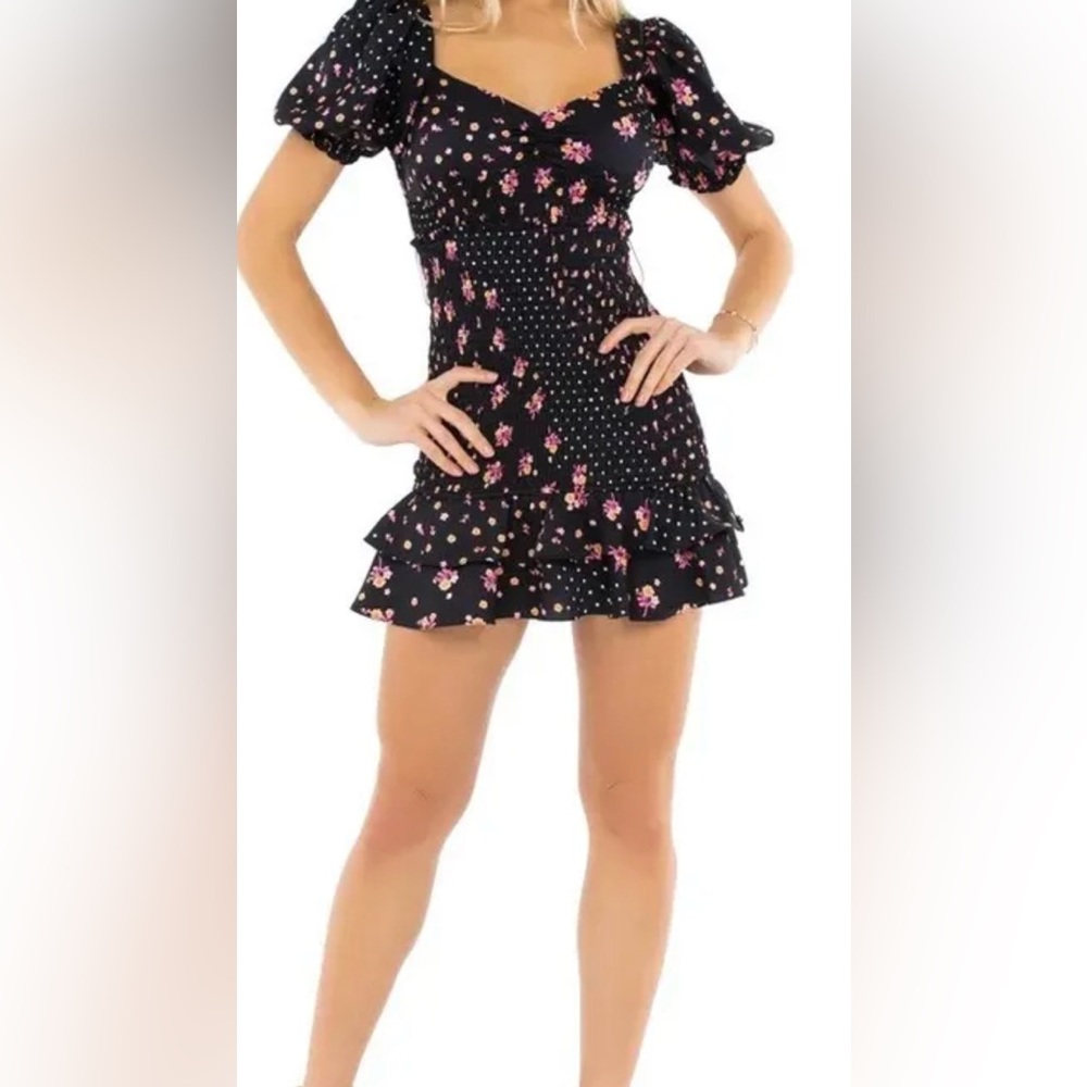 For Love And Lemons Camellia Black Floral Belted Dress